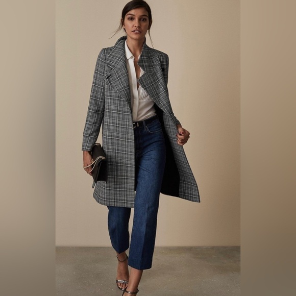 Reiss Hardie Plaid Wool Blend Coat Black White Checked 10 - Picture 7 of 13